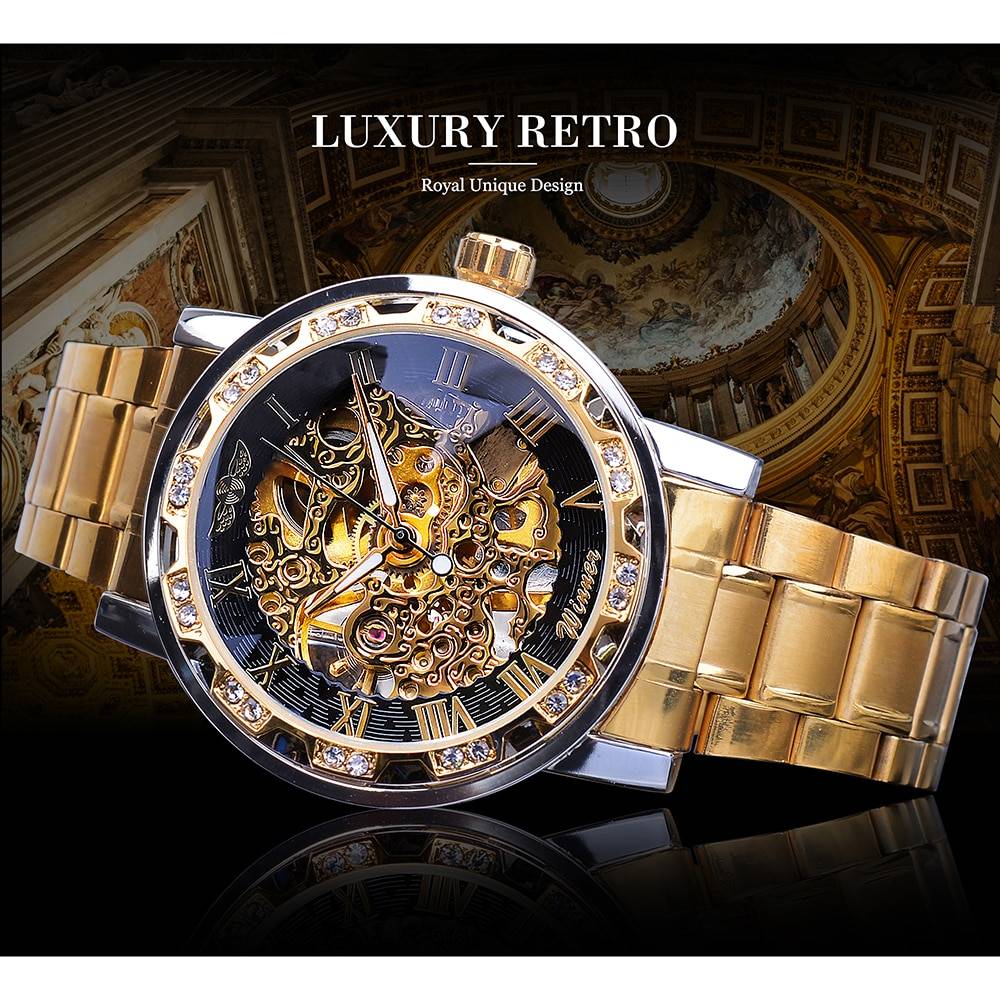 Men's Golden Mechanical Skeleton Watch